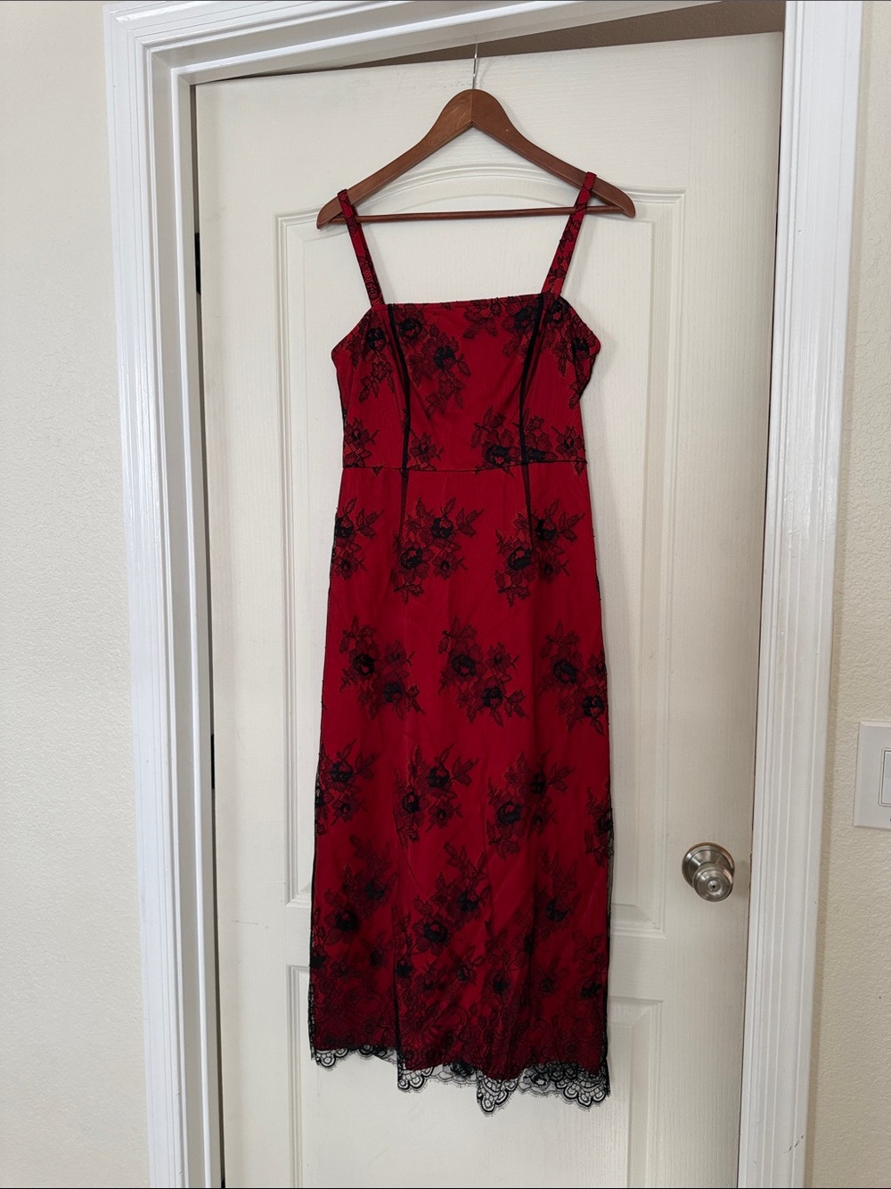Chelsea28 Red Midi Slip Dress with Black Floral Appliqué Lace